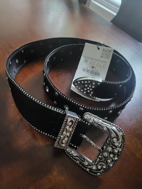 Zara Rhinestone Leather Cowboy Belt Limited Edition - Size 85 32 NWT - Picture 2 of 2